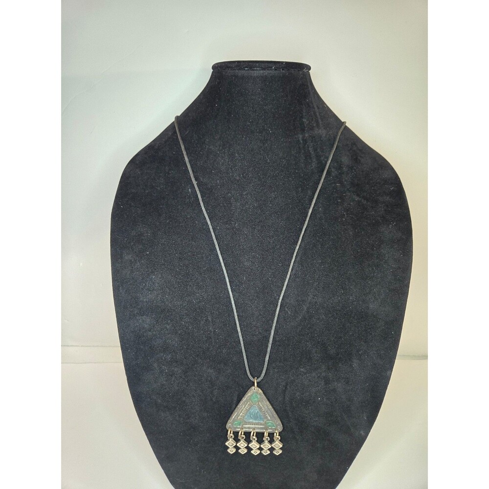 Black Corded Necklace with Silver Tone Triangle Pendant with Dangles
